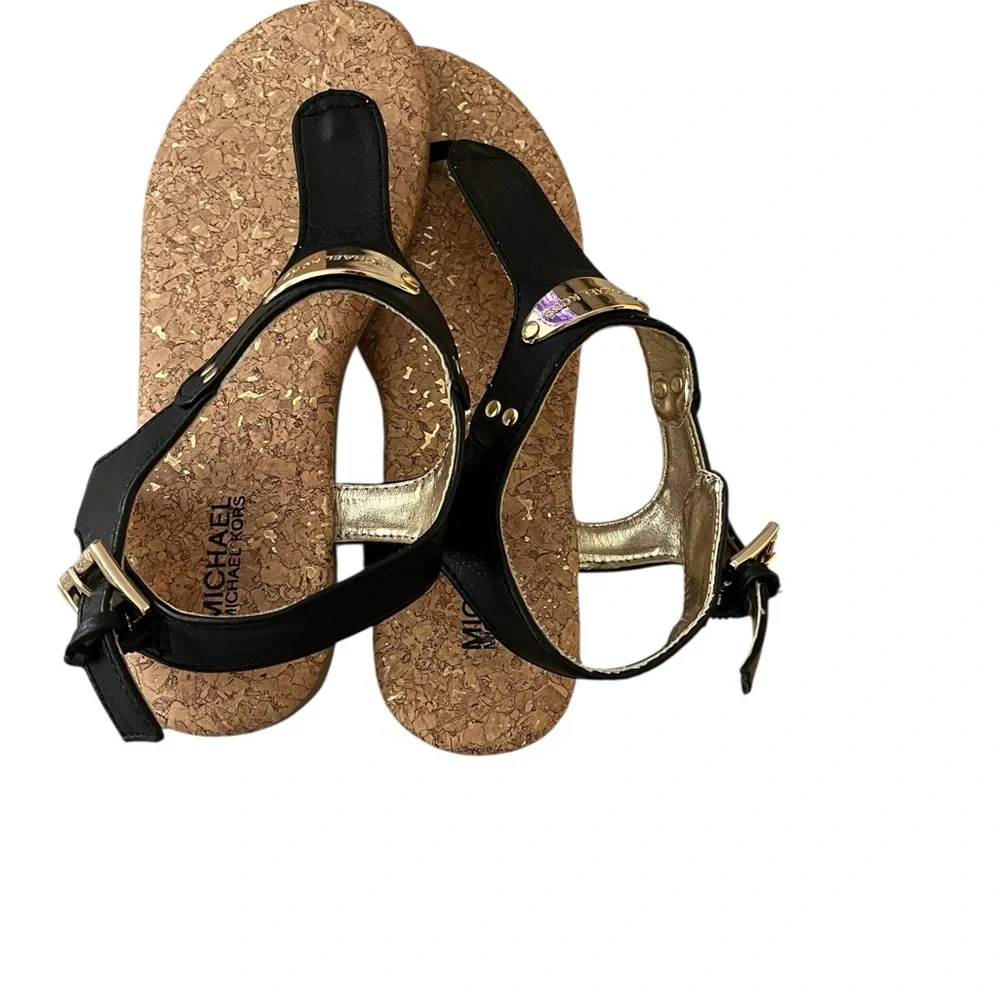 Michael‎ Kors Girls Tilly Jane Sandals | Size 2 | Black & Gold Cork Flat